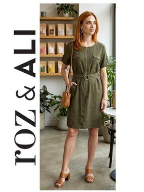 ROZ & ALI - Olive green short sleeve utility dress